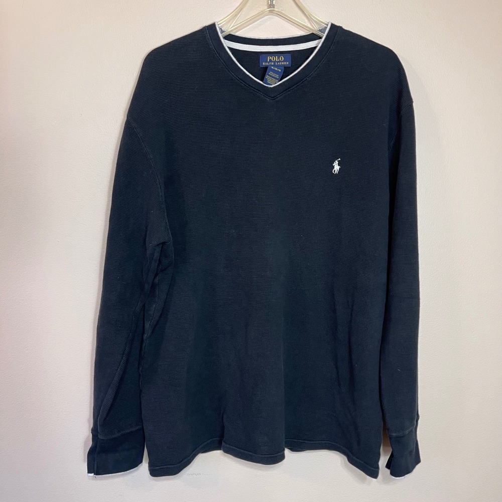 Polo Ralph Lauren Mens Thermal V Neck Long Sleeve Shirt Black Henley‎ Waffle XL